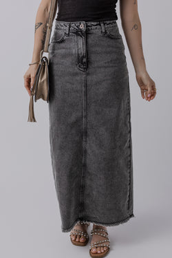 Dark gray long waist skirt with raw hem and slot in the back