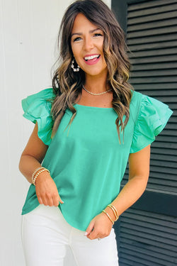 High green mint with floating sleeves and square collar