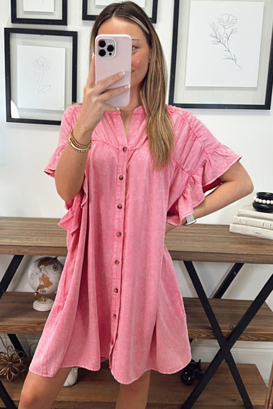 Pink Ruffle Short Sleeve Button Up Denim Mini Dress