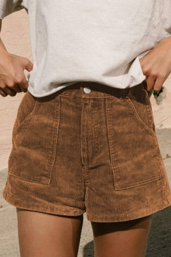 Vintage brown corduroy shorts with elastic waist and back pockets