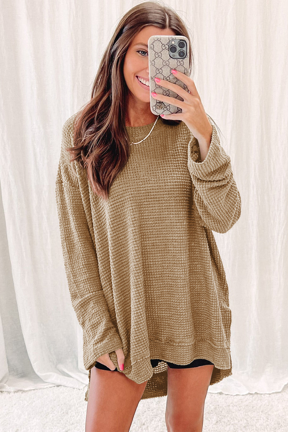 Khaki Waffle Knit High Slits Oversized Top