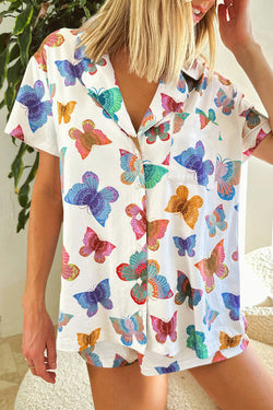 Ensemble pyjama chemise à manches courtes à motif papillon multicolore