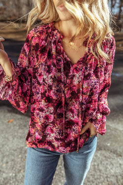 Ample V -neck blouse and pink red floral print with tightening cord