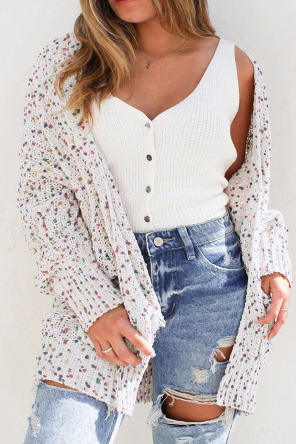 Confetti White Ribbed Knit Long Sleeve Cardigan