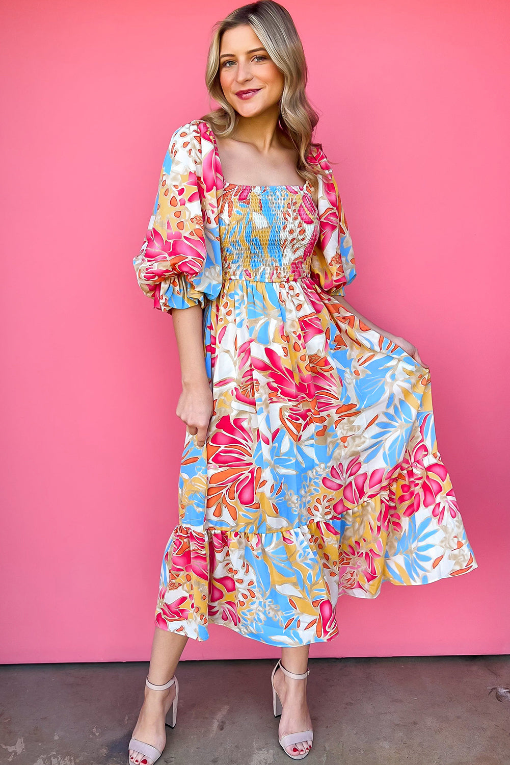 Red Rose Tropical Print Puff Sleeve Smocked Bodice Maxi Dress