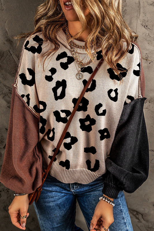 Coffee Leopard Print Colorblock Pullover Pullover