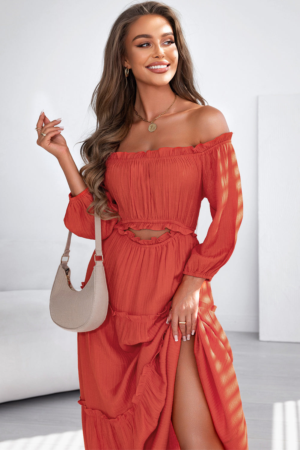 Orange Off Balloon Balloon Soueve Coupte Ruffled Maxi Robe