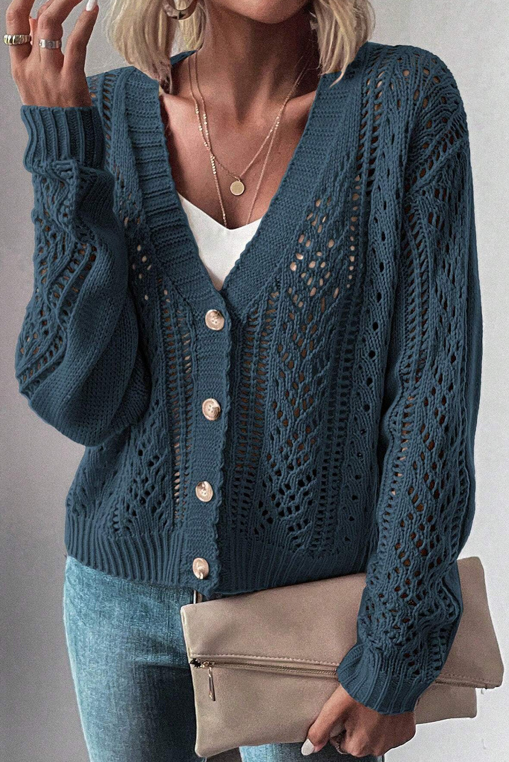 True Teal Open Knit Drop Shoulder Sweater Cardigan