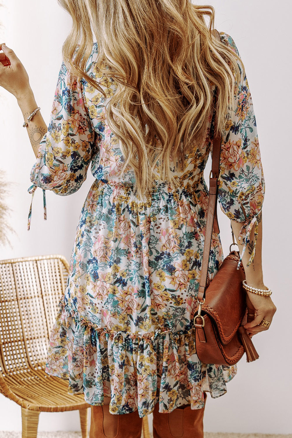 Sky Blue Floral 3/4 Sleeve V-Neck High Waist Ruffle Dress