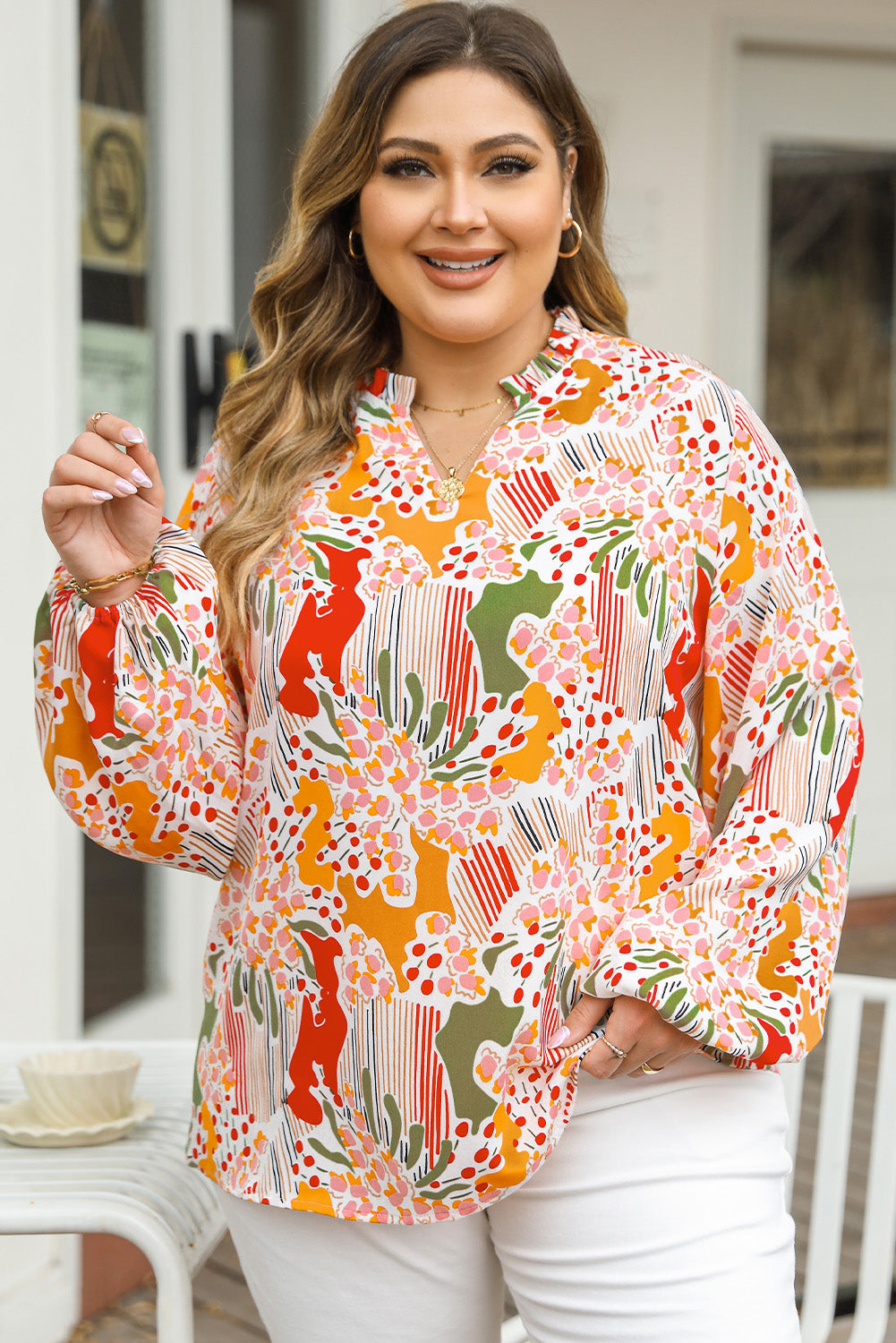 Orange gedruckte florale abstrakte druckgelente v necke plus size bluse