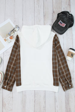 White hoodie with kangaroo pocket and plaid sleeves with embossed patch