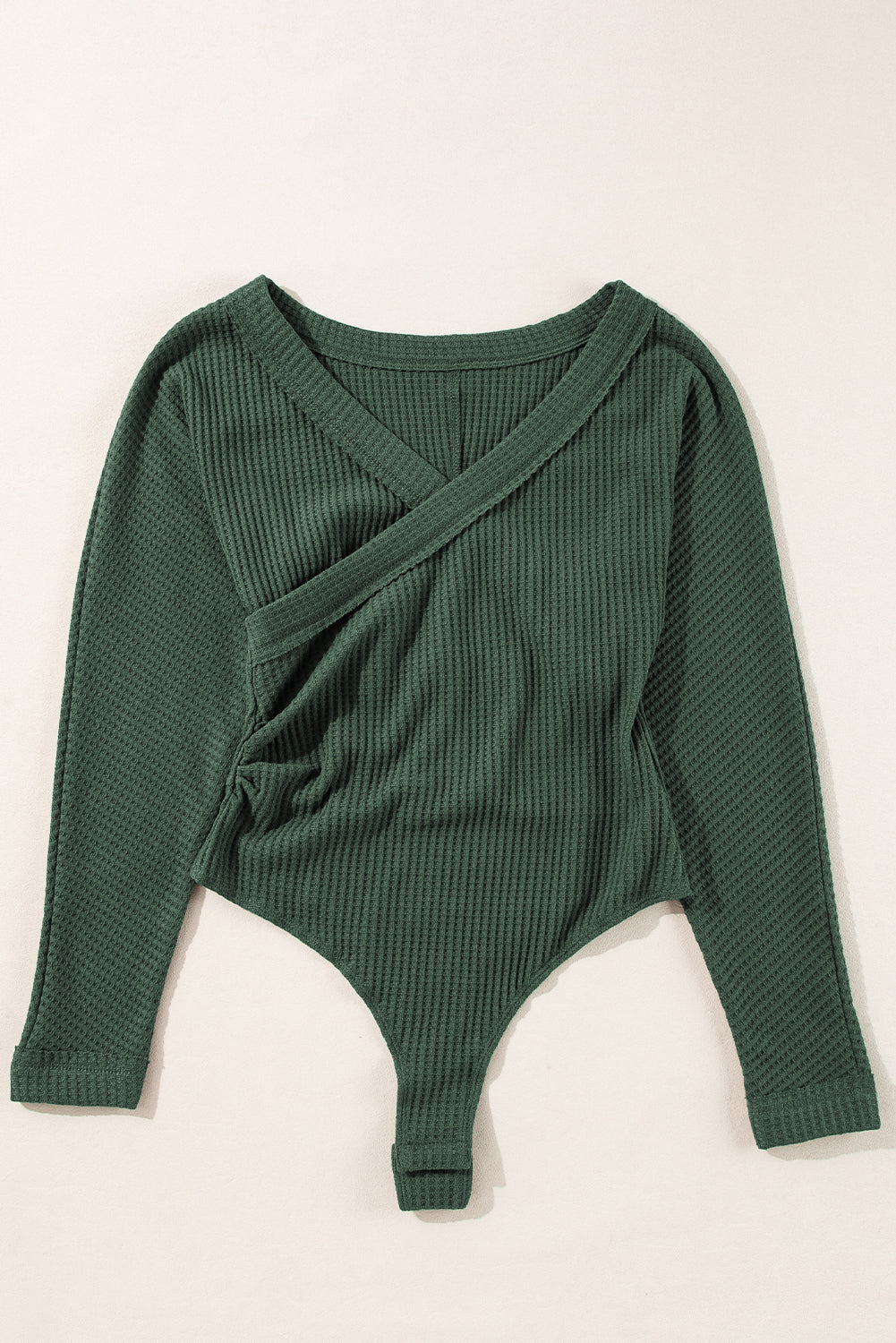 Blackish Green Waffle Knit Slim Fit Wrap V Bodysuit de cuello