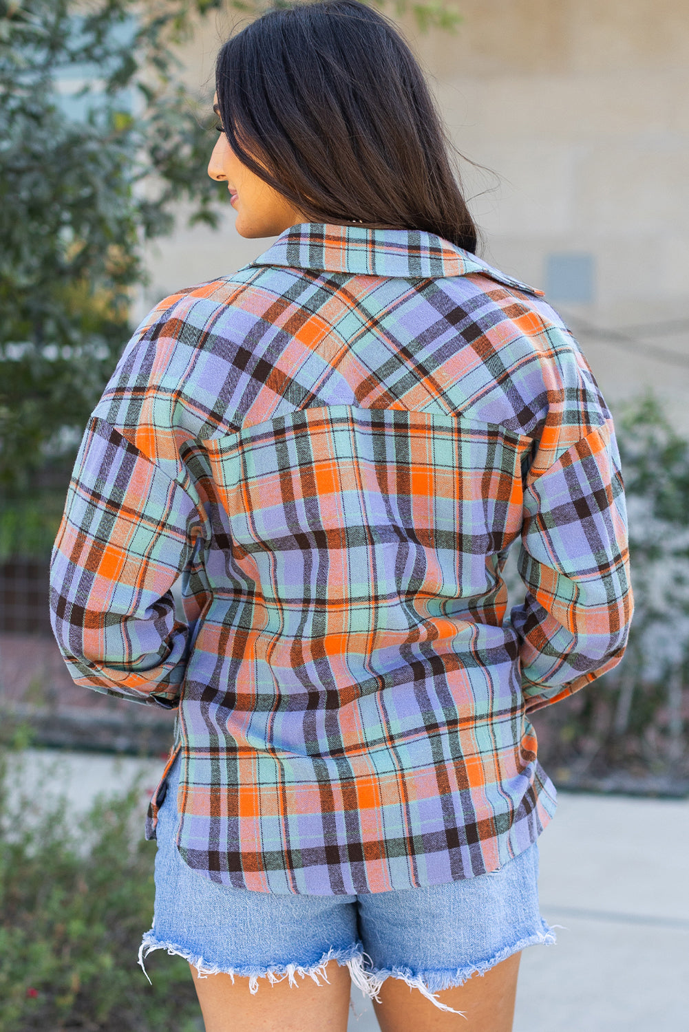 Naranja con estampado a cuadros Camisa vintage suelta