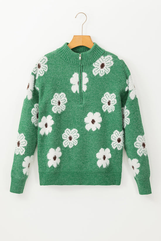 Pull vert à motif floral et demi-zip *