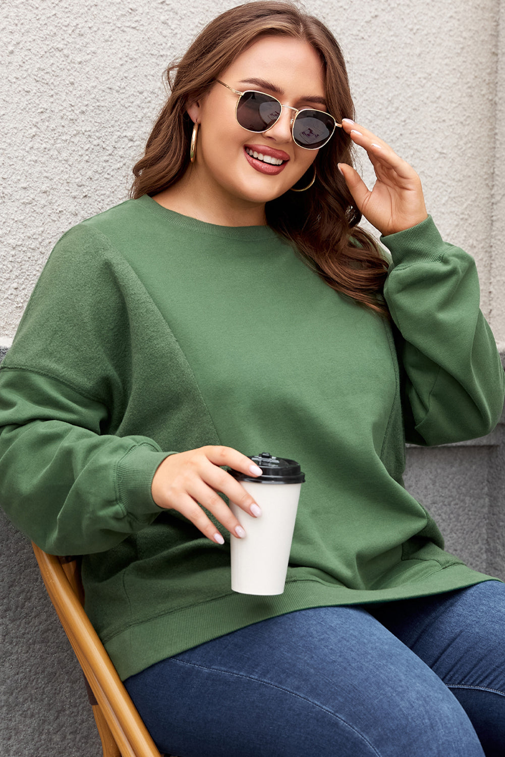 Blackish Green Plus Size Round Neck Patchwork Loose Sweatshirt