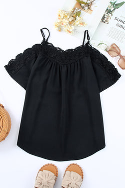 Black top with short sleeves and bare shoulders with hook neckline