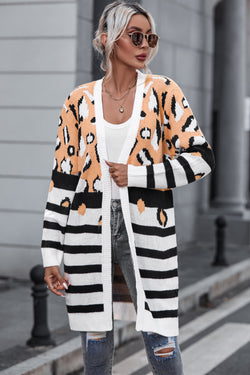 Brown open front cardigan with leopard stripes and mixed prints