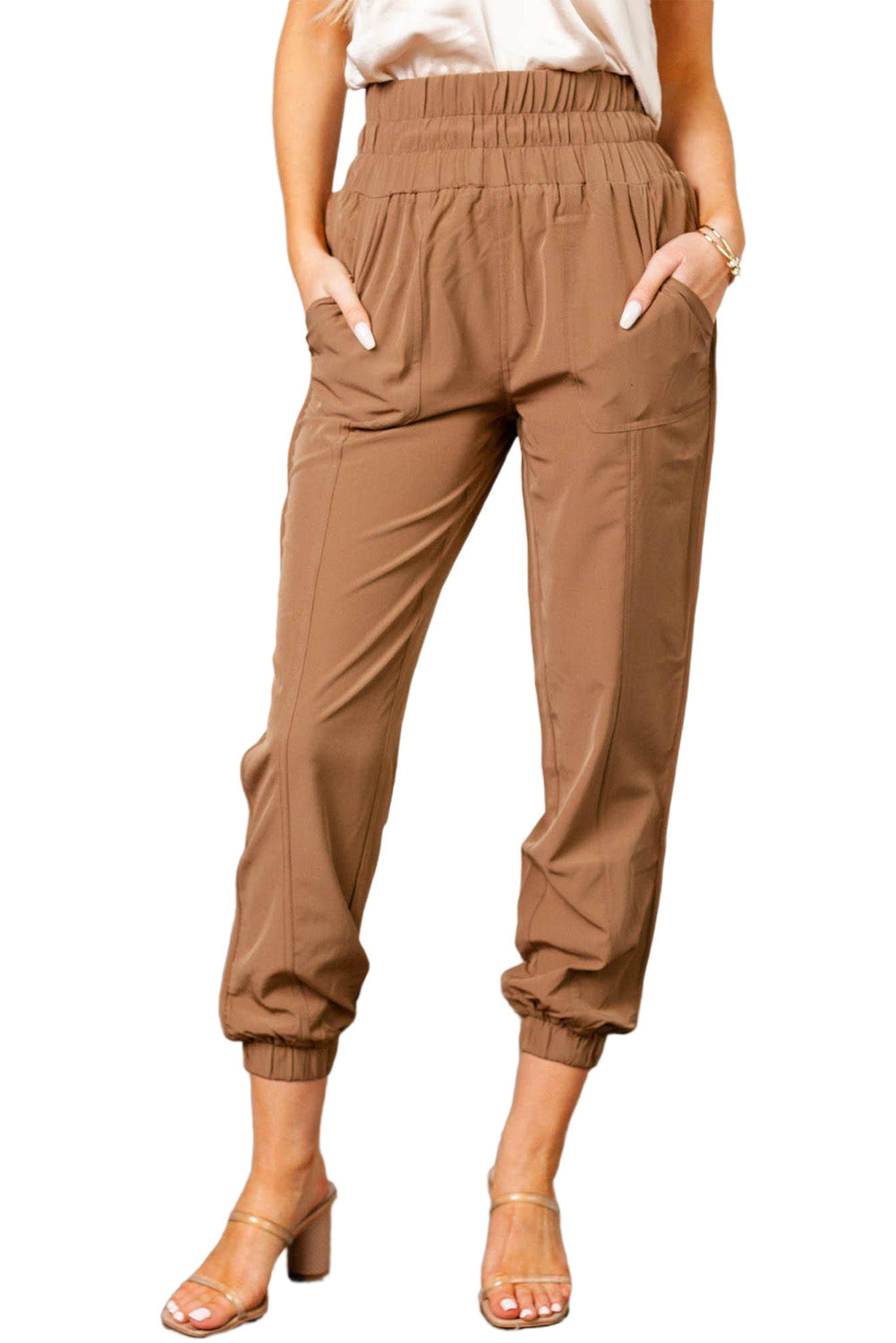 Khaki Smocked Elastic High Waist Joggers