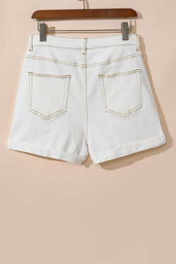 Stylish white denim shorts with asymmetrical waist