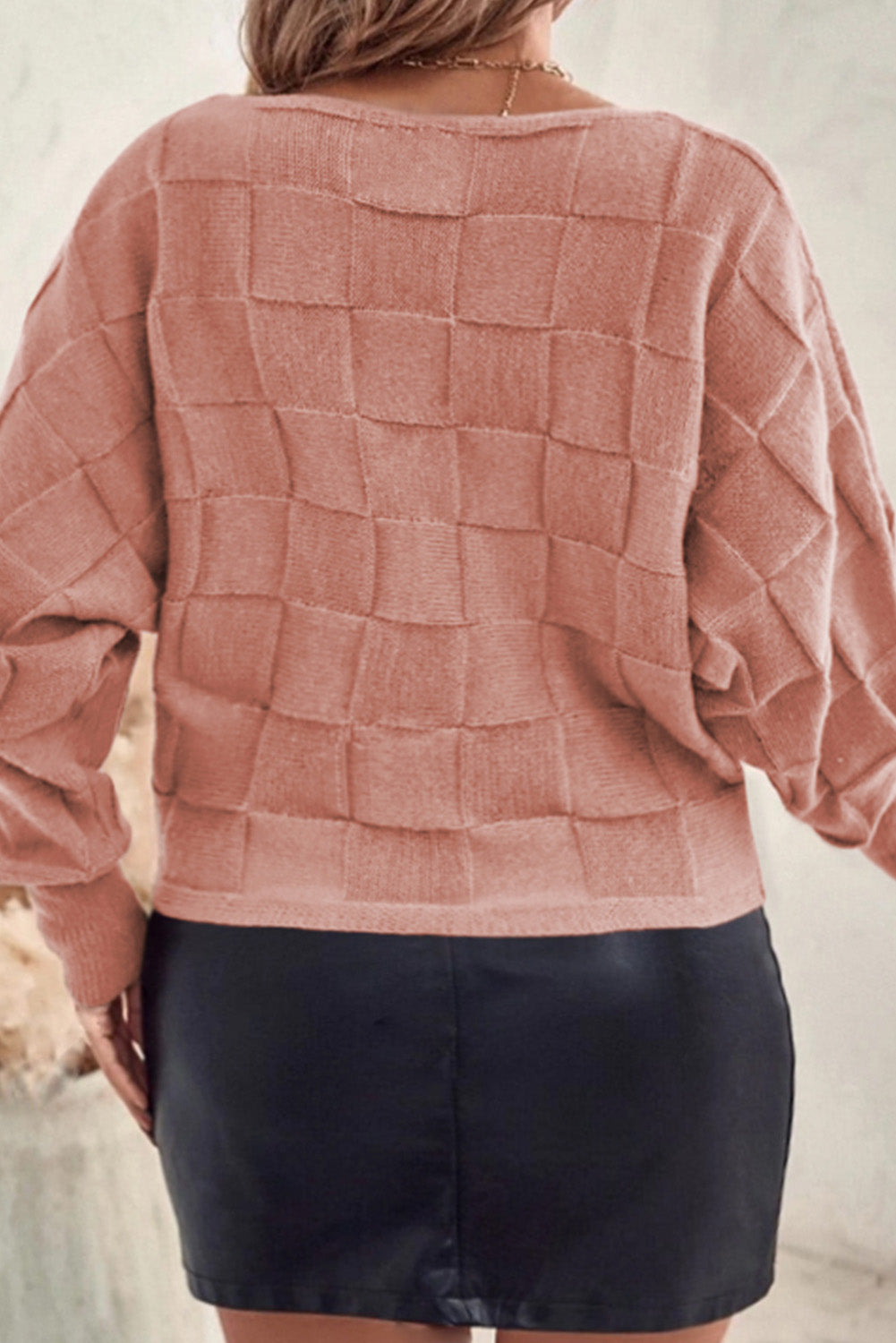 Rose Tan - Pull en tricot texturé à carreaux unis de grande taille