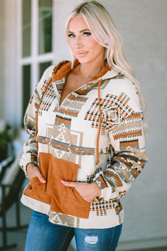 Beige Aztec Print Half-Zip Hoodie with Kangaroo Pocket