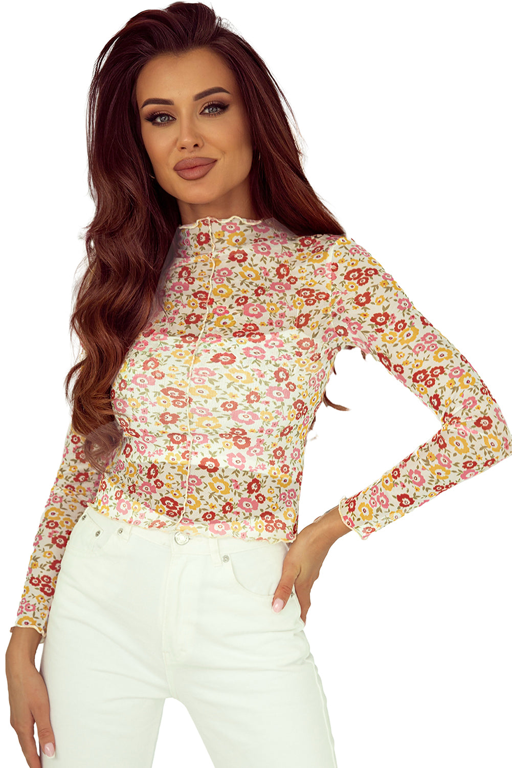 Top de manga larga con dobladillo de lechuga floral multicolor