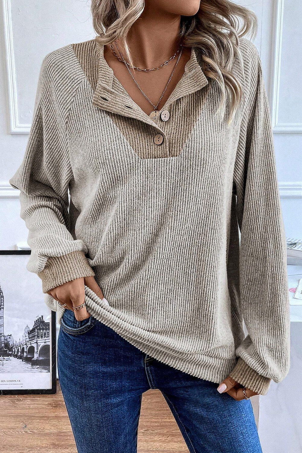 Jet Stream Contrast Color Ribbed Long Sleeve Loose Top