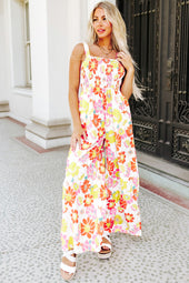 Multicolor Floral Print Ruched Sleeveless Loose Jumpsuit