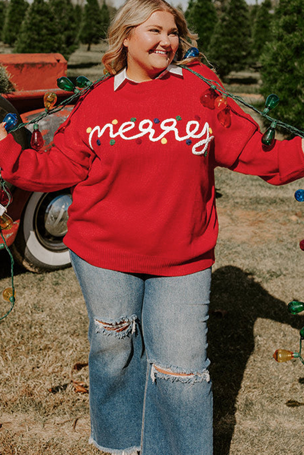 Pull de Noël rouge vif avec motif joyeux Noël, grande taille