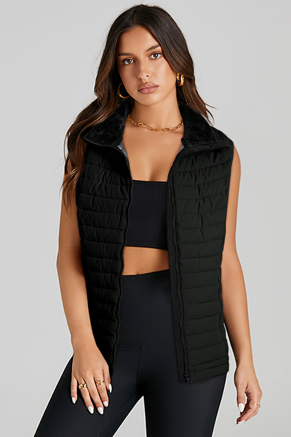 Doudoune matelassée zippée à col en peluche noire-A WOMAN WE LOVE