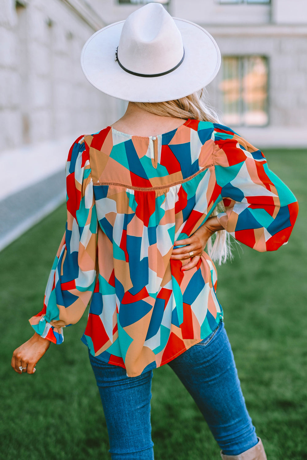 Multicolore Abstract Pattern Crewnack Clewle Sholeve Blouse