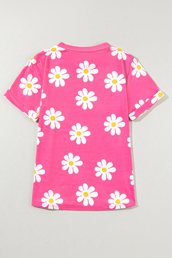 T-shirt à col rond imprimé marguerite rose