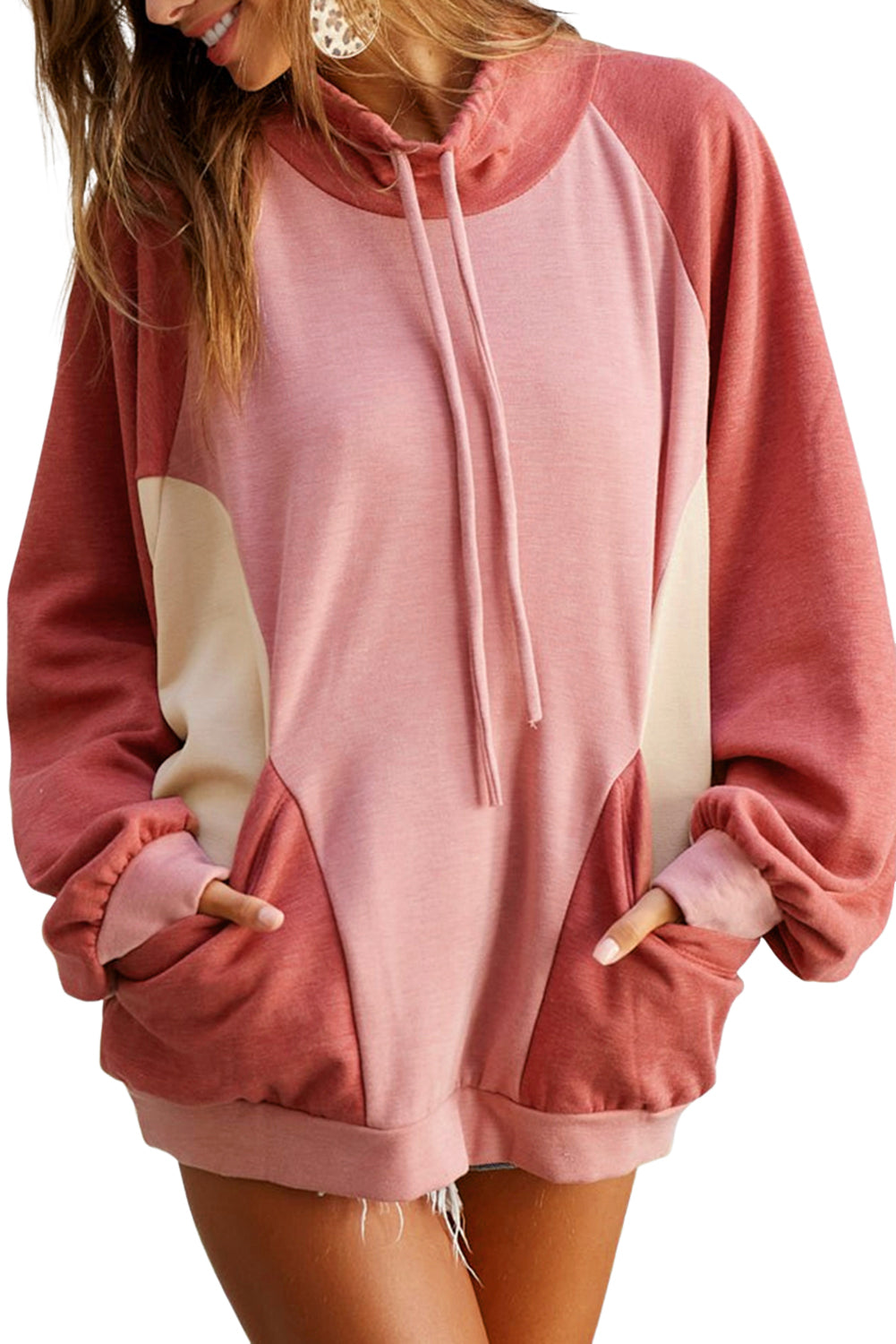 Sudadera de mechón de bolsillo rosa con cordón