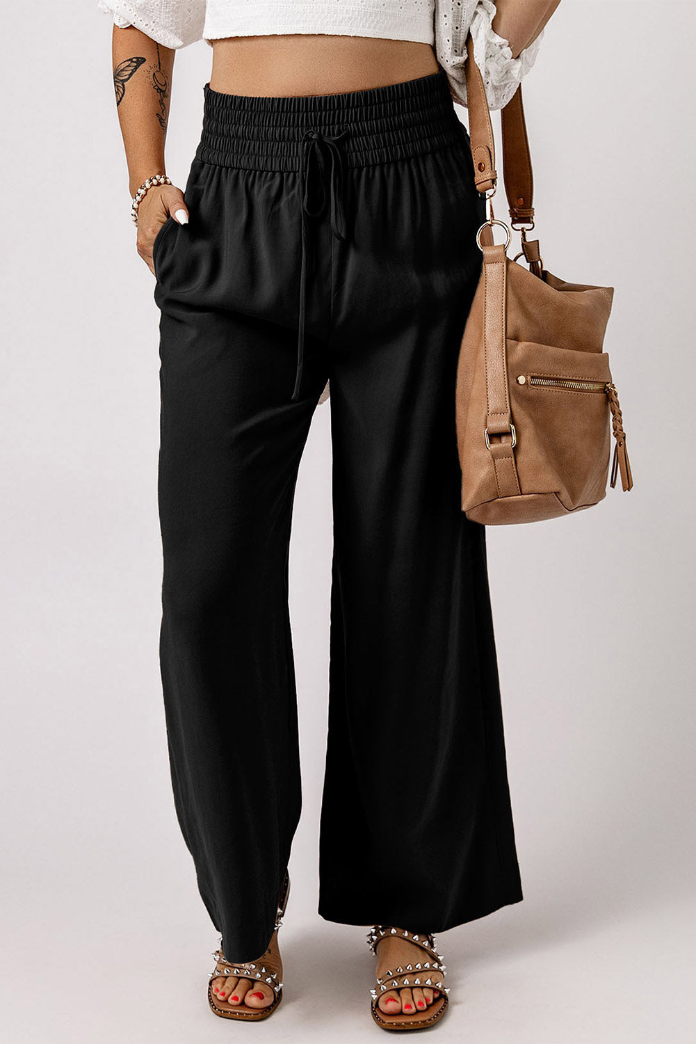 Black Drawstring Elastic Waist Casual Wide Leg Pants