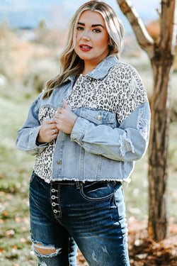 Plus Size Blue Leopard Ripped Short Denim Jacket