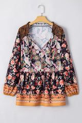 Chemisier noir à manches bouffantes et col en V imprimé floral Paisley de grande taille-A WOMAN WE LOVE