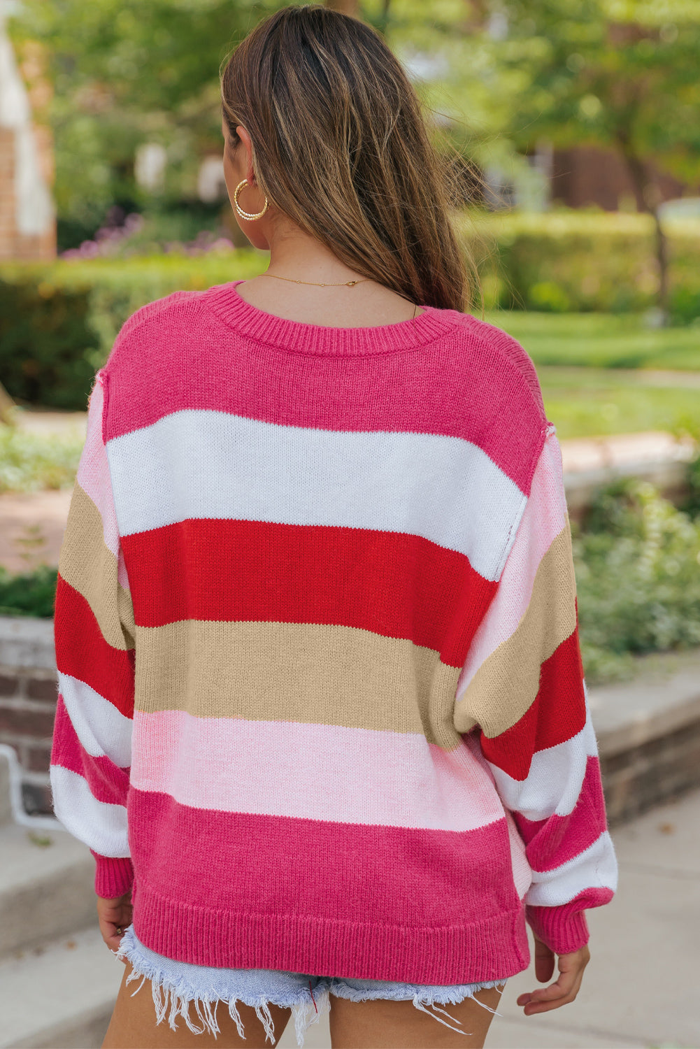 Bright Red Horizon Mixed Stripe Batwing Sleeve Sweater