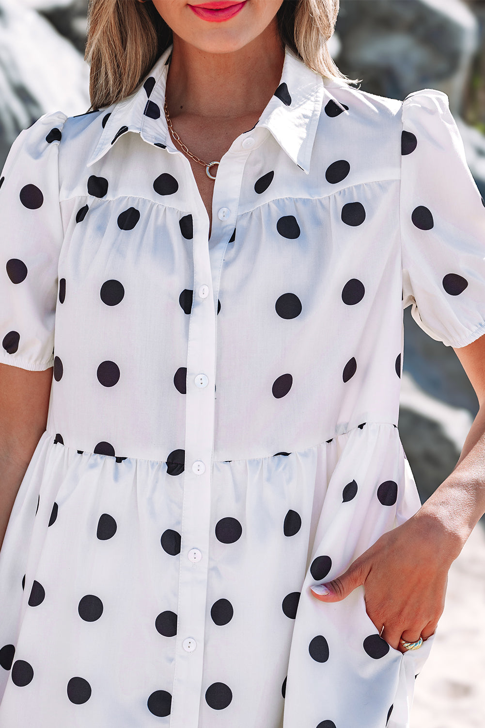 White Babydoll dress with polka dots and sleeve collar *