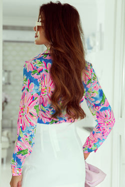 Long sleeve buttoned shirt with pink abstract floral print