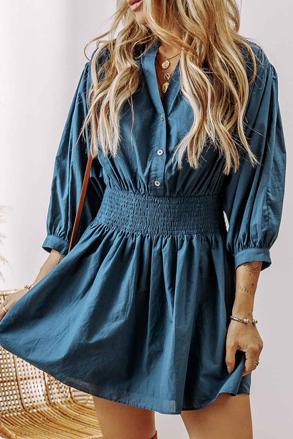 Prussian Blue 3/4 Sleeve Shirred High Waist Buttoned Mini Dress