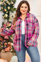 Plus Size Pink Striped Printed Plaid Button Down Shirt