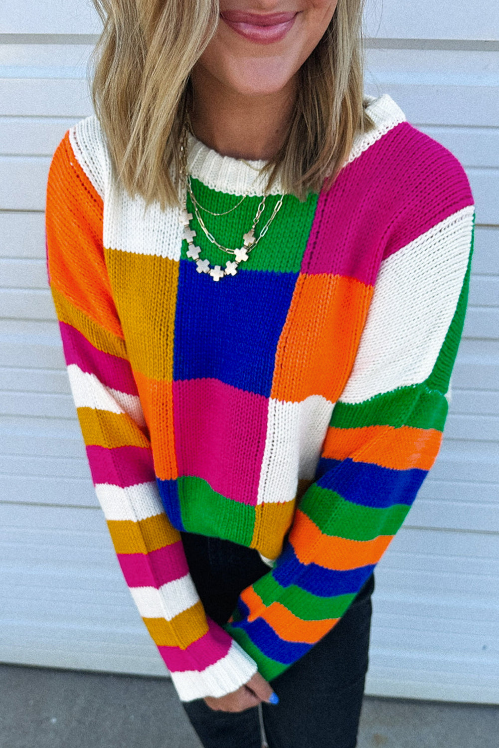 Ample orange tile sweater and color block, round neck