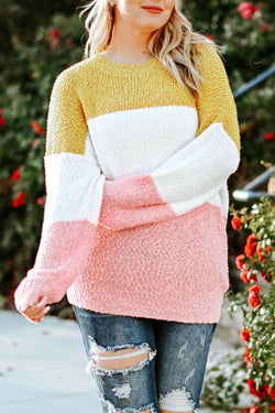 Plus Size Yellow Colorblock Bubble Sleeve Sweater