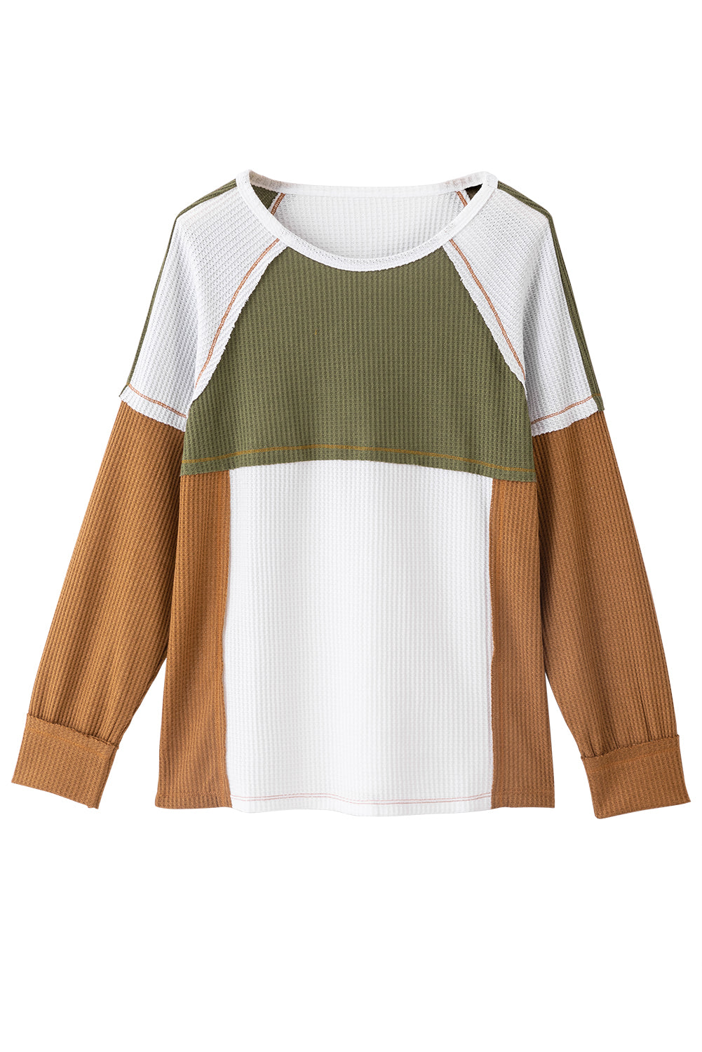 Green Color Block Exposed Seam Waffle Knit Long Sleeve Top