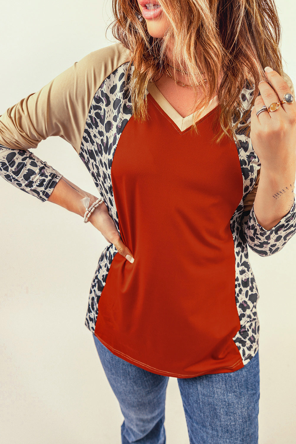 Brown Colorblock Leopard V Neck Long Sleeve Top