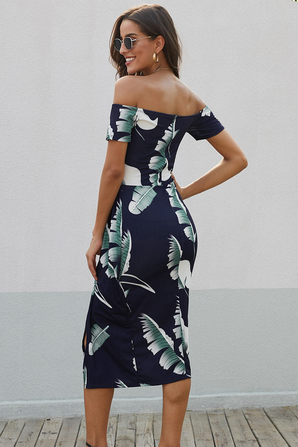 Blue Off Shoulder Bodycon Midi Dress With Slit In Printed Pattern