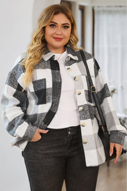 Plus Size Grey Plaid Buttoned Jacket