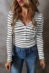 White Striped Button Down V-Neck Long Sleeve T-Shirt