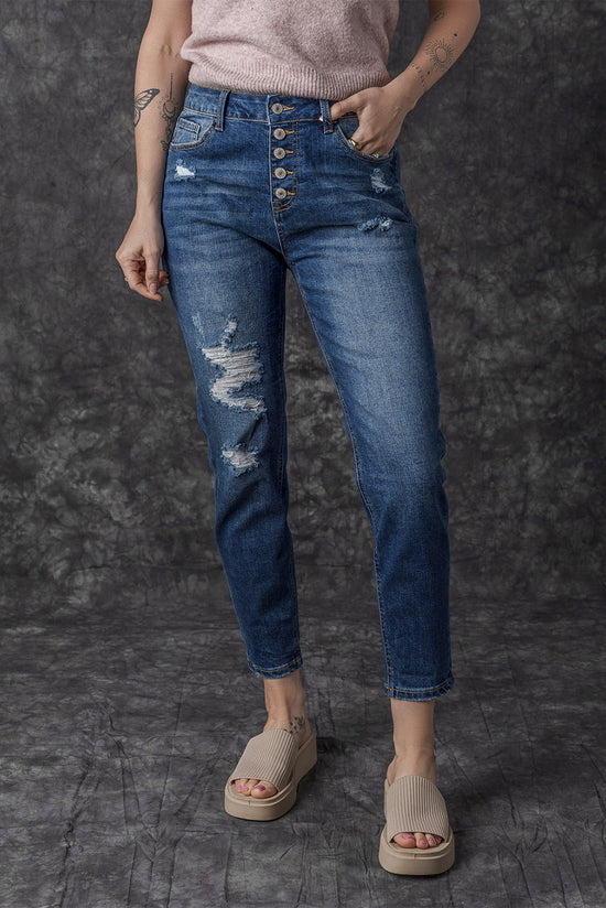 Jean skinny taille haute bleu effet vieilli avec braguette boutonnée