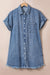 Mineral washed -out blue denim dress with reverse sleeves and effiloche hem